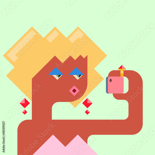 Tanned blonde with bright makeup taking a selfie using smartphone. Abstract style. Vector illustration.