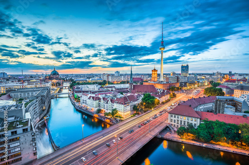 Berlin skyline panorama with dramatic clouds in twilight at dusk, Germany © JFL Photography