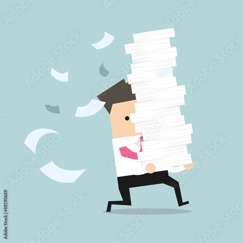 Businessman run holding a lot of papers in his hands