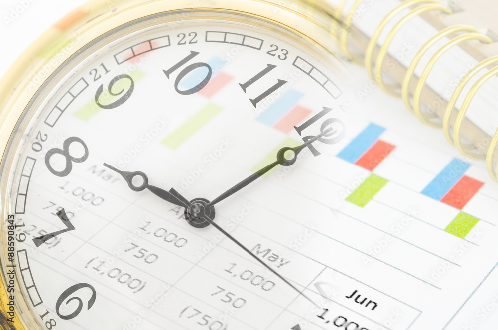 Clock and market report graph with document. Clock and market report graph with document.