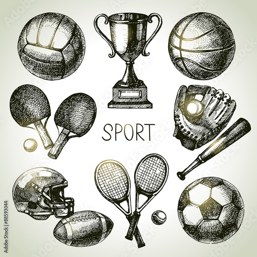Hand drawn sports set. Sketch sport balls. Vector illustration