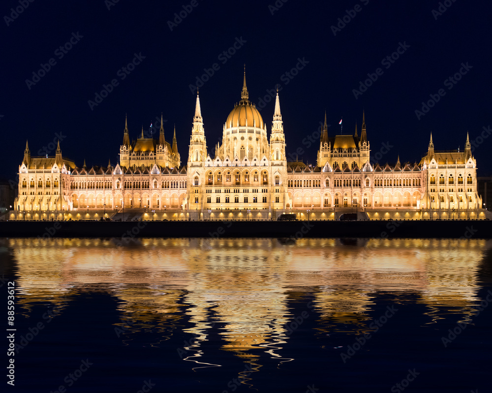 Famous building of Parliament at night, Budapest