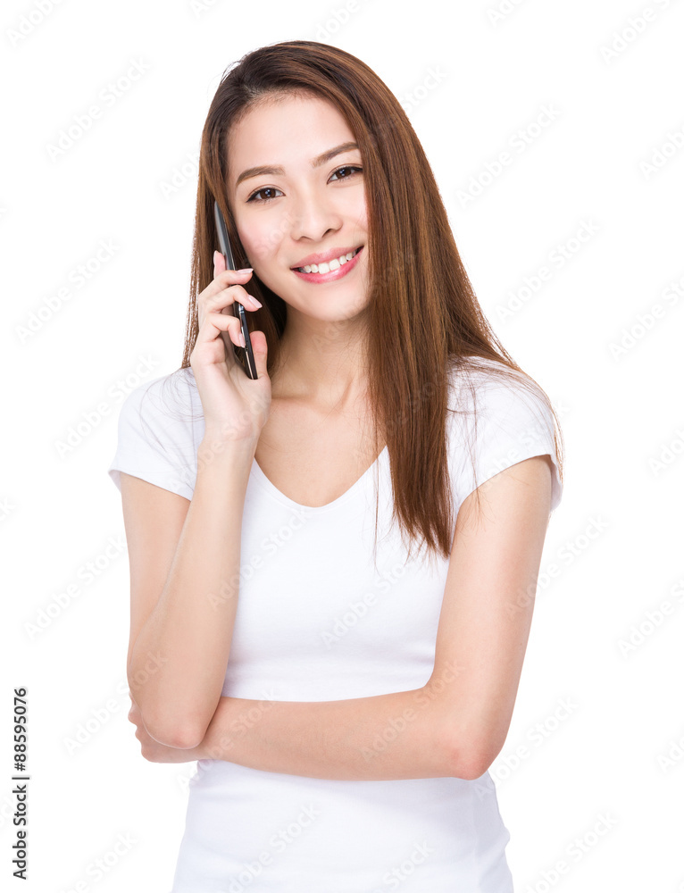 Asian woman talk to smartphone Asian woman talk to smartphone