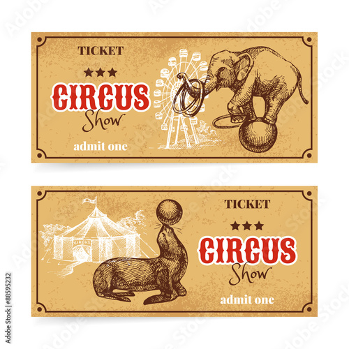 Vintage circus show ticket set. Hand drawn sketch vector