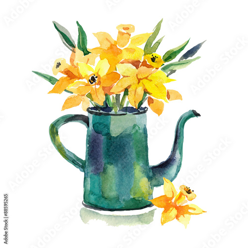 Watercolor hand drawn  coffeepot with flowers. Design for card 