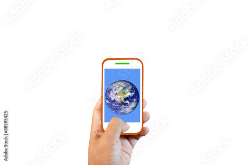 Hand holding White Smartphone with world screen on white background.Elements of this image furnished by NASA.