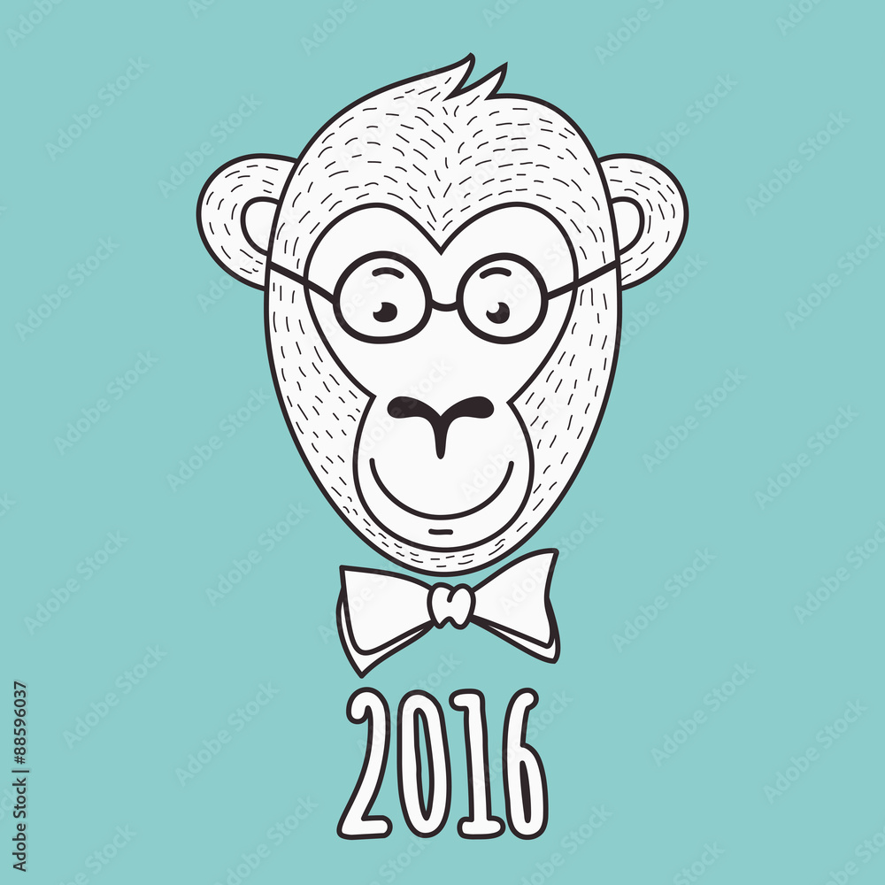 Vector hand drawn portrait of geek monkey. 2016 Happy New Year g