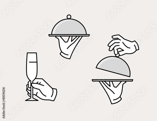 Gloved hand serving tray, opening tray and holding champagne glass