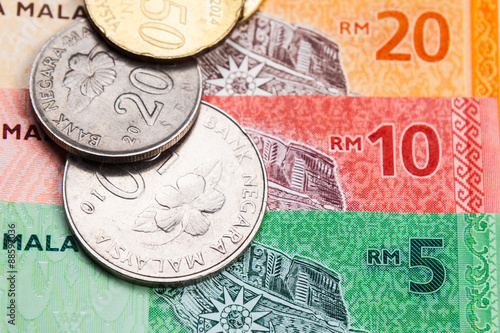 Closeup of Malaysia Ringgit currency notes and coins