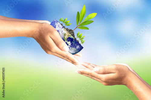 Fototapeta Naklejka Na Ścianę i Meble -  We love the world of ideas,Hand give world and tree on nature background.Elements of this image furnished by NASA.