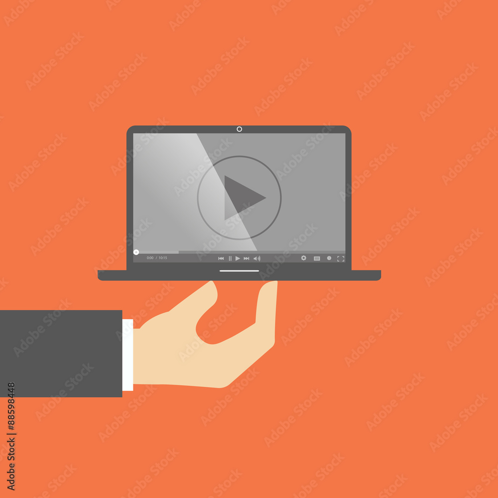 laptop computer watch movie player. laptop on hand. flat design laptop computer watch movie player. laptop on hand. flat design