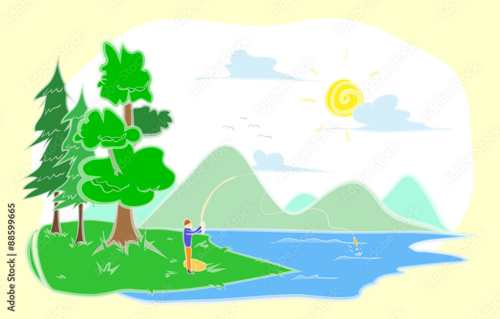 Fisherman's Horizon, a hand drawn vector illustration of a fisherman, fishing at the lake in beautiful landscape filled with mountains and trees, isolated on a light yellow background (editable).