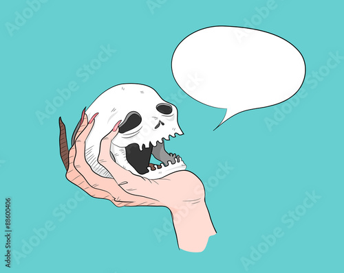 Skull With Text, a hand drawn vector illustration of a hand grabbing a skull (hand grabbing skull, bubble text and background are on different groups for easy editing).