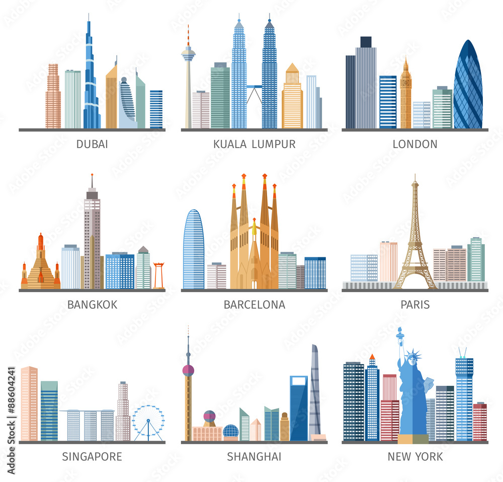 City skyline flat icons set