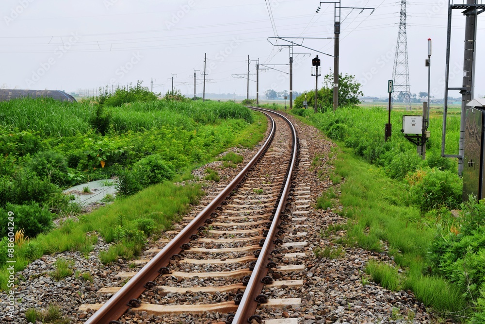 奥羽本線の線路（単線）／山形県の庄内地方で奥羽本線の線路（単線）を撮影したローカルイメージの写真です。