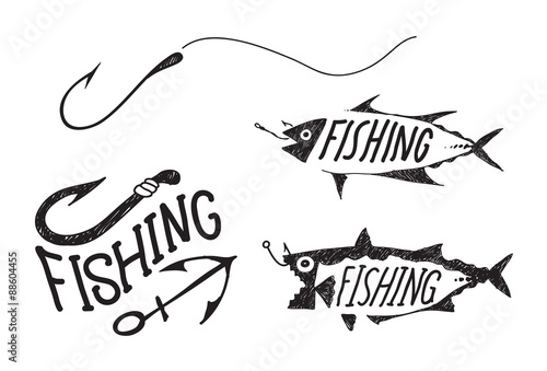 fishing symbol, illustration fishing sketch design hook fish and fishing character