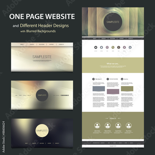 One Page Website Template and Different Header Designs with Blurred Backgrounds