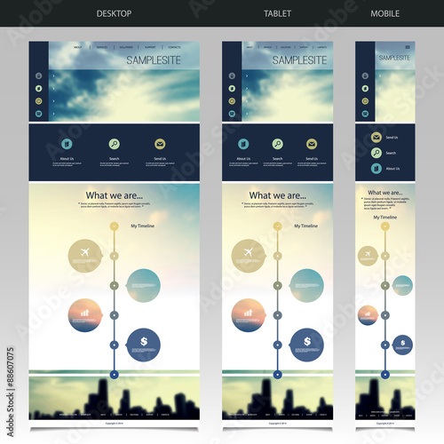 One Page Website Template with Blurred Background - Sunset Pattern Header Design - Desktop, Tablet, Mobile Version