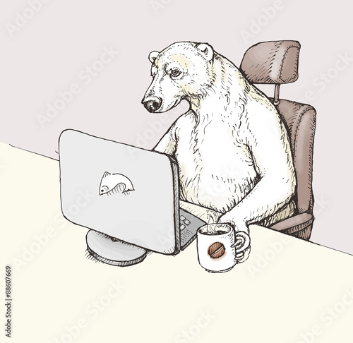 Funny cartoon: a polar bear sitting on the writing desk in office