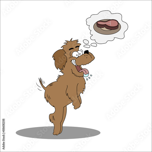 Funny dog stands on its hind legs and dreaming of the delicious piece of meat. Vector illustration isolated on white background.