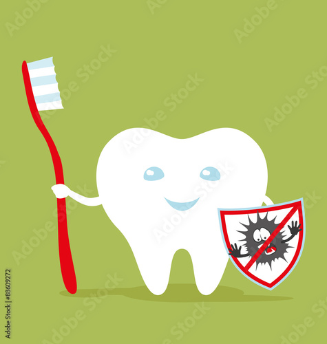Healthy tooth with a toothbrush and a shield against tooth decay.