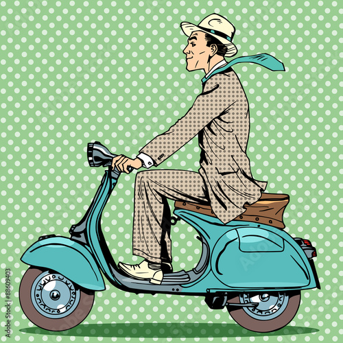 man rides on a vintage scooter
