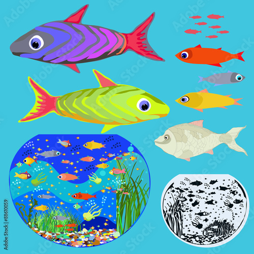 Set of fish and aquariums on a blue background.