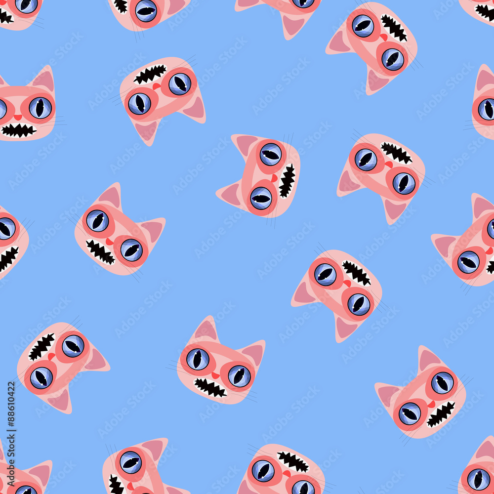 Pink cats in cartoon style on a blue background. Seamless. Pink cats in cartoon style on a blue background. Seamless.