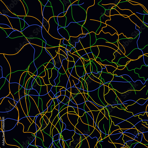 Abstract background from multicolored lines on a black background.