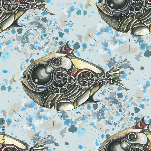 The image of fish in the style of steampunk. Watercolor stains in the background. Vector seamless pattern.