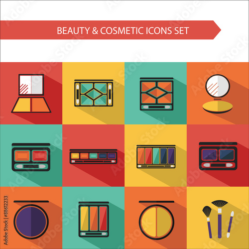 Flat vector cosmetics icons and makeup design elements set for website in pastel colors. Eye shadow, compact powder, palette concealer with brush.