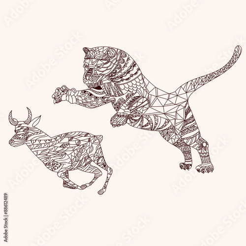 Patterned tiger zentangle style. Good for T-shirt, bag or whatever print. Vector illustration