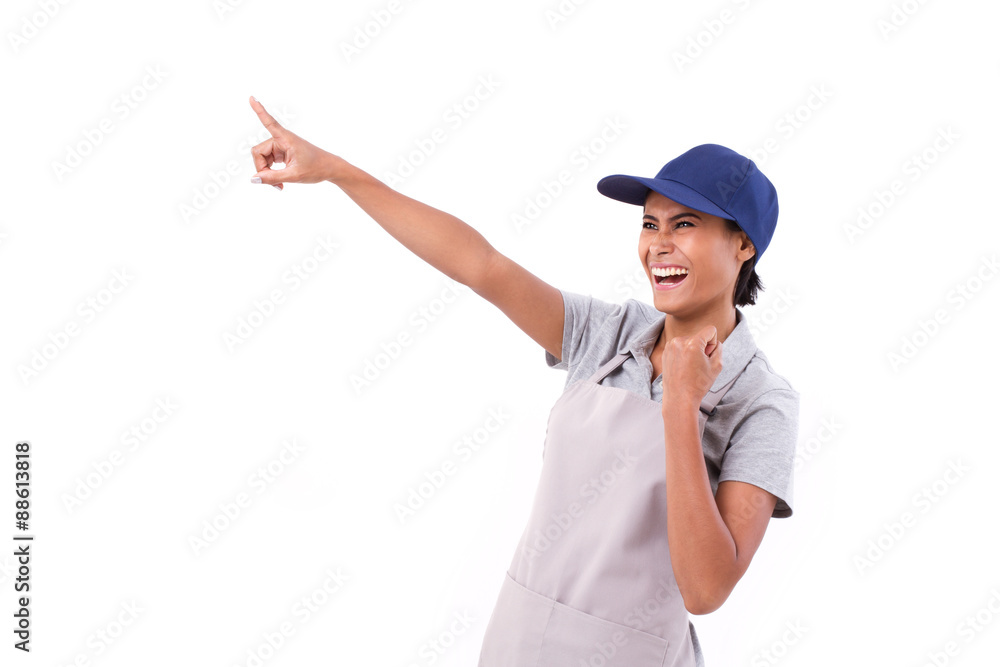successful, confident, exited woman worker pointing up successful, confident, exited woman worker pointing up