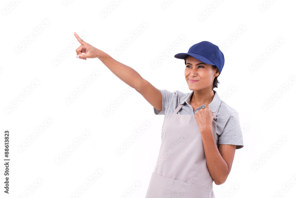 successful, confident, exited woman worker pointing up successful, confident, exited woman worker pointing up
