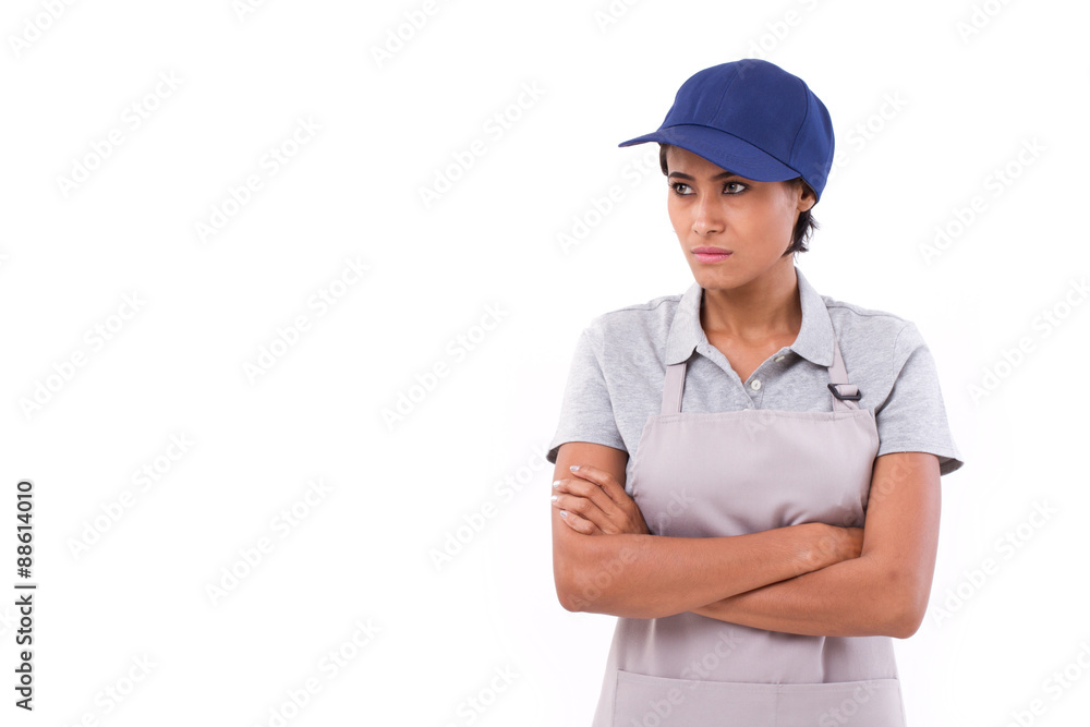 pessimistic, sad, worry female worker looking to blank space pessimistic, sad, worry female worker looking to blank space