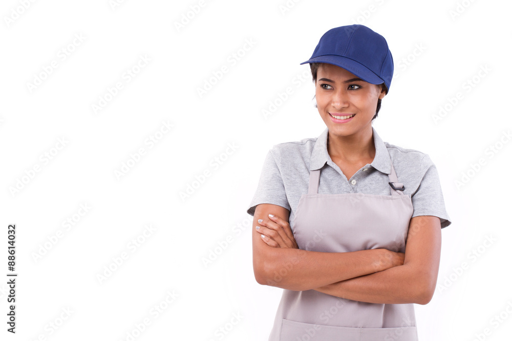 happy, smiling, optimistic worker looking to blank space at her happy, smiling, optimistic worker looking to blank space at her