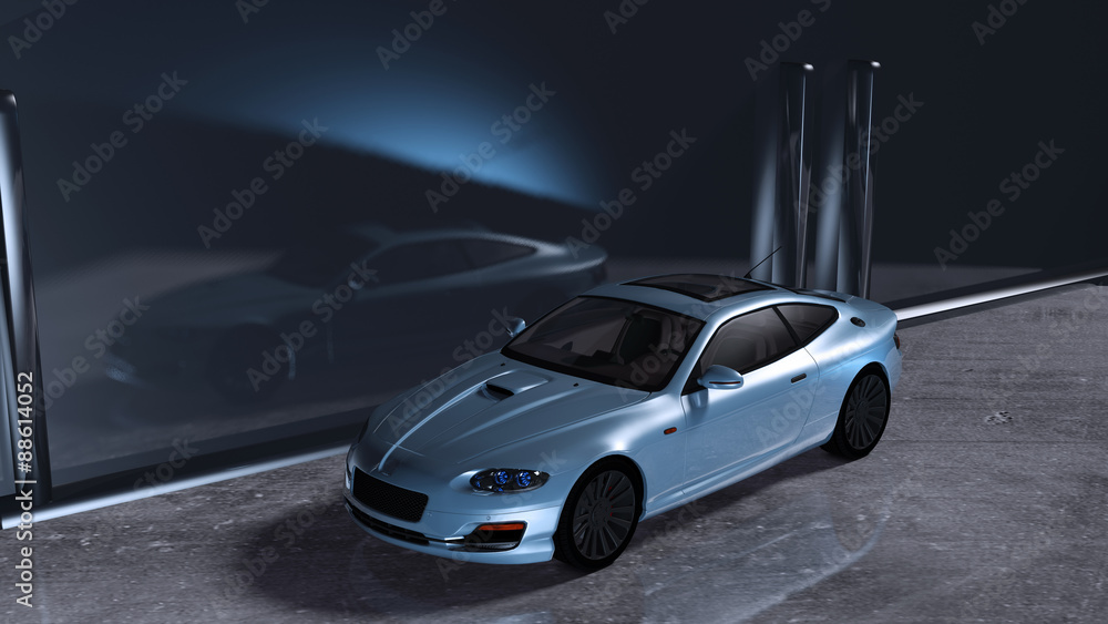 Naklejka premium Sportwagen vor einer reflektierenden Metallwand