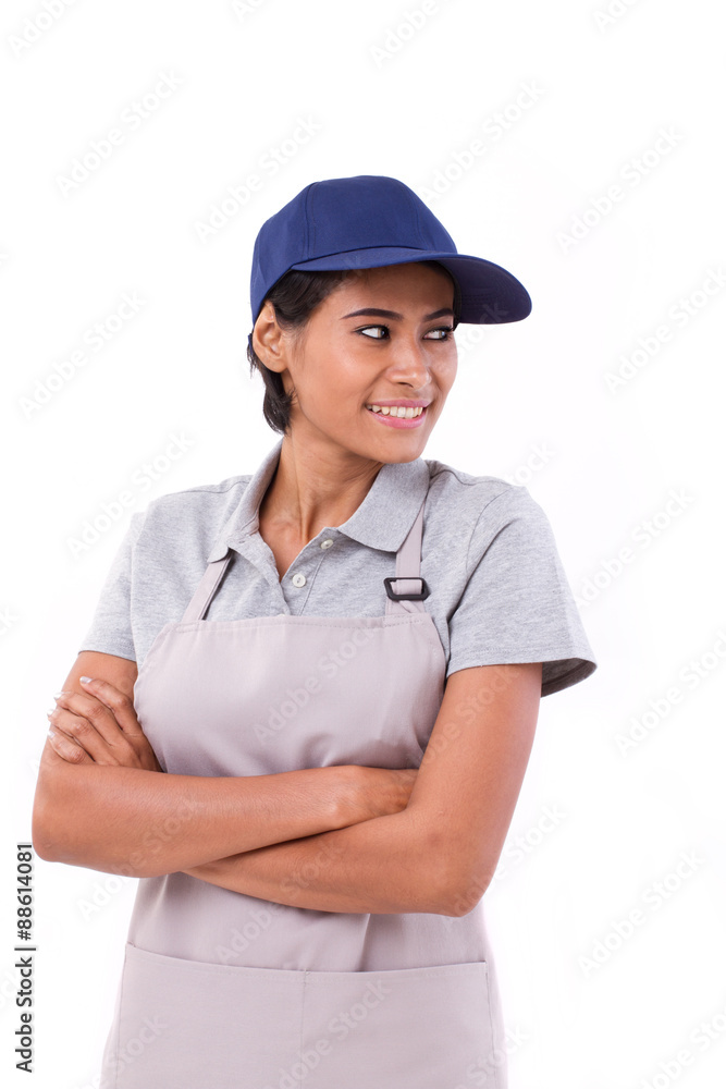 happy, smiling, optimistic worker looking to blank space at her happy, smiling, optimistic worker looking to blank space at her