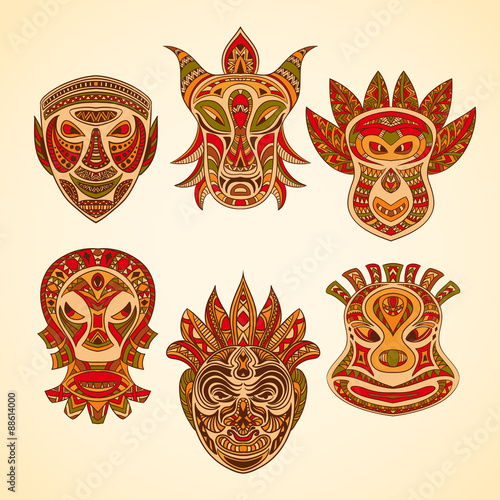 Collection of Tribal mask. Retro hand drawn vector illustration