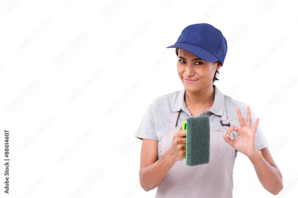 happy, smiling, successful female cleaner giving ok hand sign ge happy, smiling, successful female cleaner giving ok hand sign ge