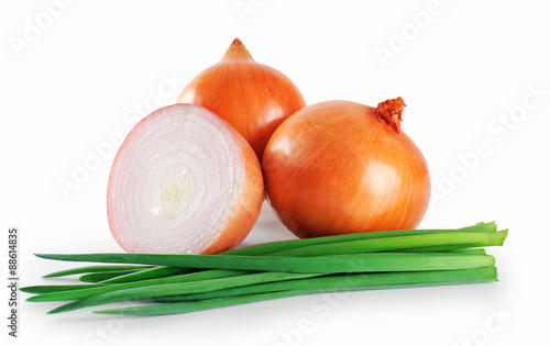 Onions, green onions isolated on white background.