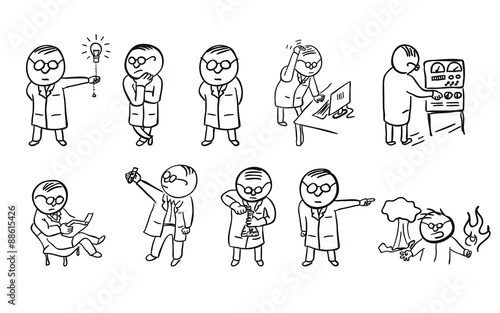 Set of doodle scientist character. Vector sketch