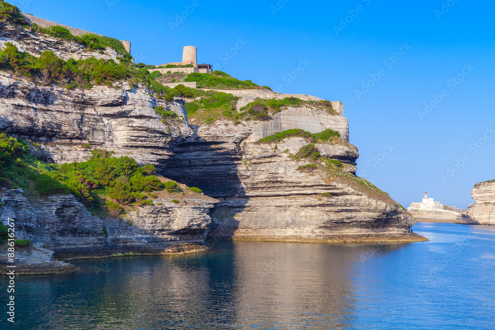 Rocky cliffs with old fort of Bonifacio, Corsica