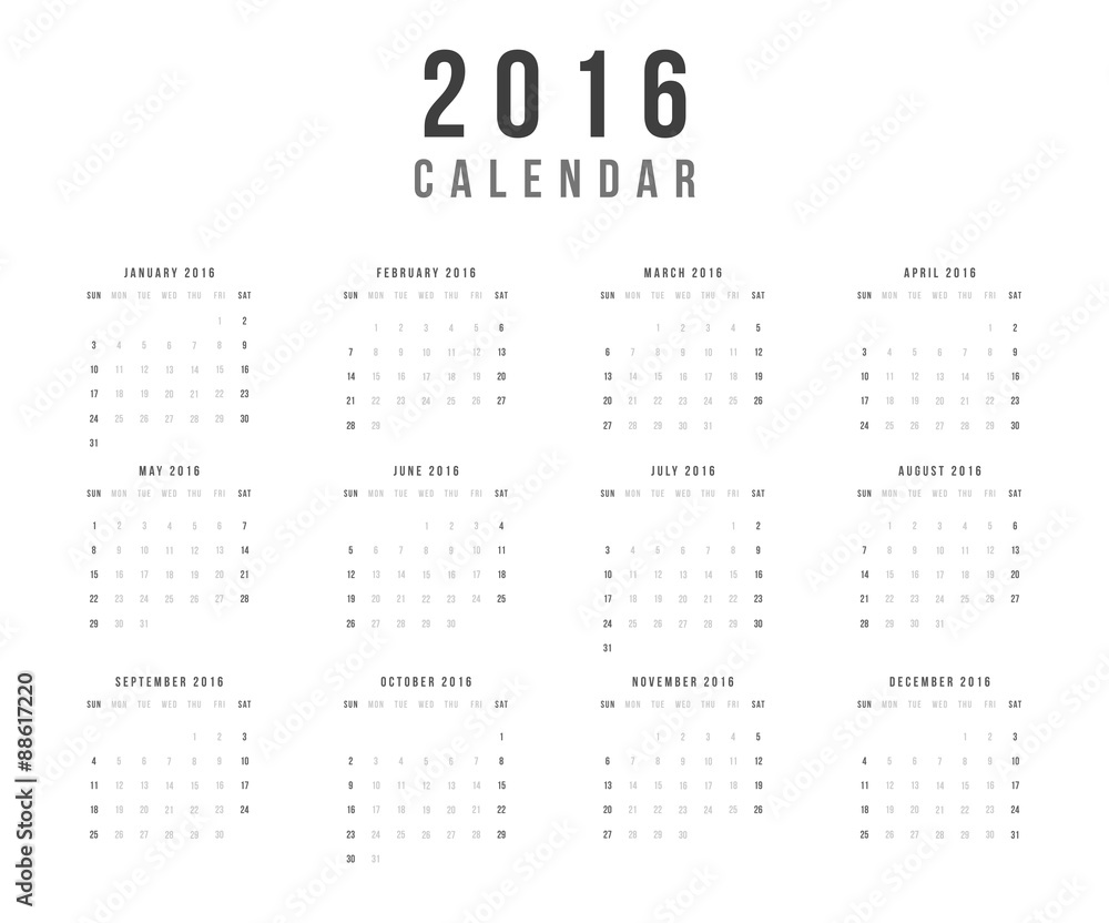Calendar 2016 year vector design template - Minimalism Style Calendar 2016 year vector design template - Minimalism Style