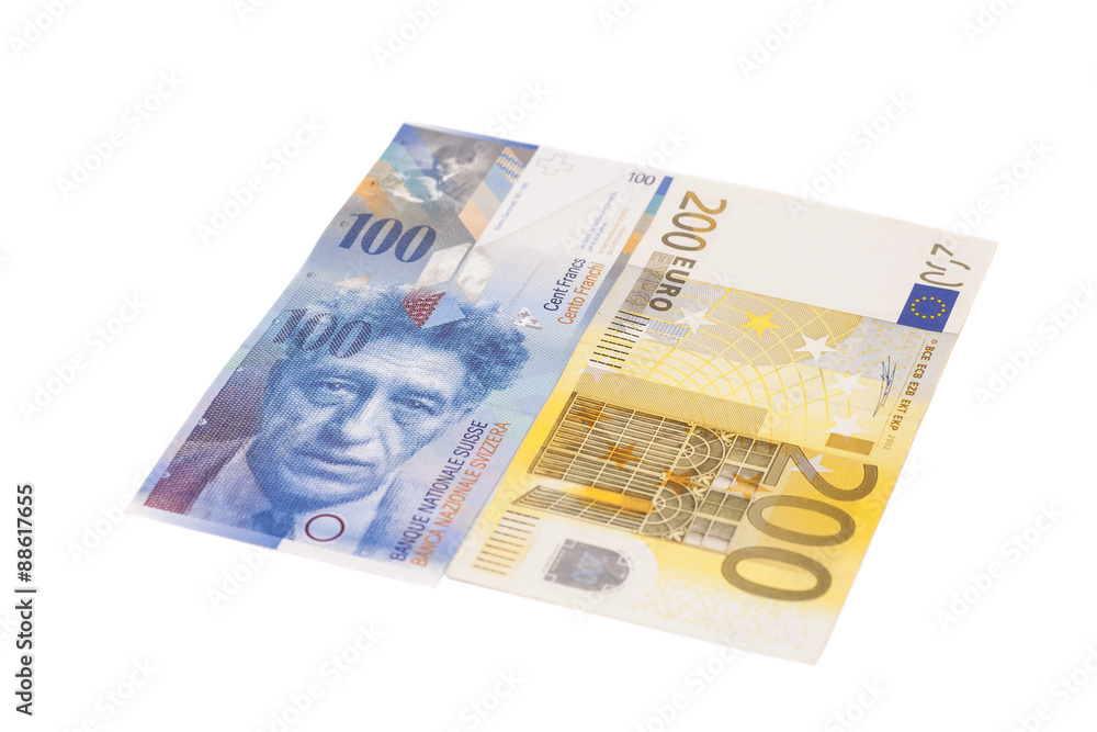 Swiss francs and euros isolated Swiss francs and euros isolated