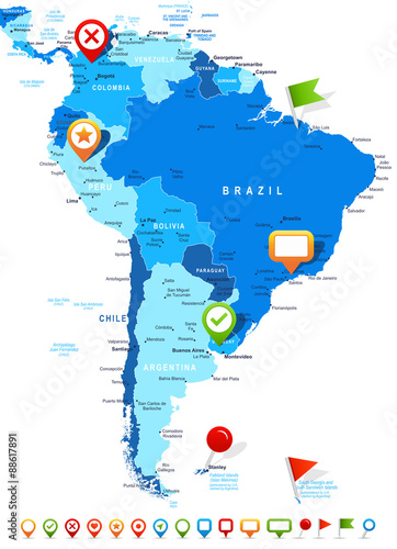 South America map - highly detailed vector illustration. Image contains land contours, country and land names, city names, water object names, navigation icons.