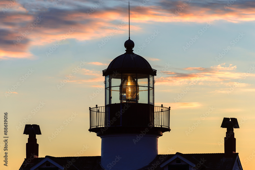 California Lighthouse at sunset. View of Point Pinos lighthouse at sunset in Monterey coast.