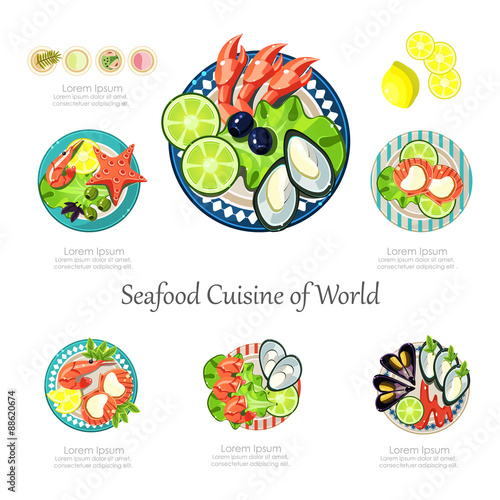 Seafood design set. Infographic food business seafood idea