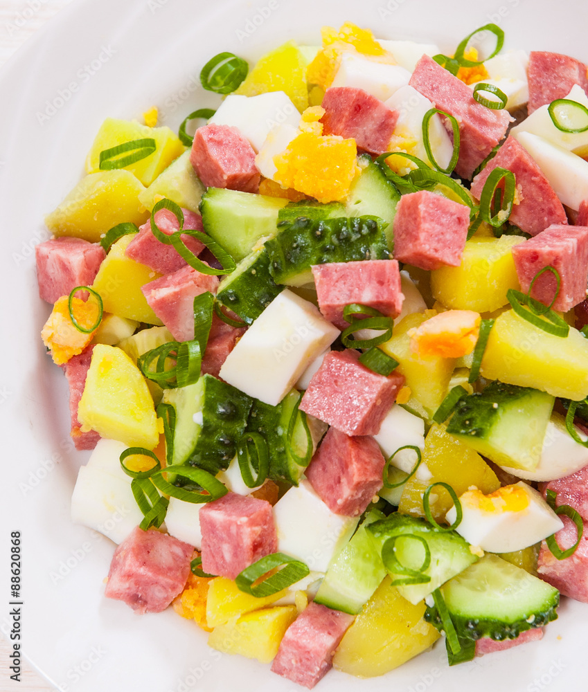 Fresh salad with potato, egg, salami, cucumber and green onion Fresh salad with potato, egg, salami, cucumber and green onion