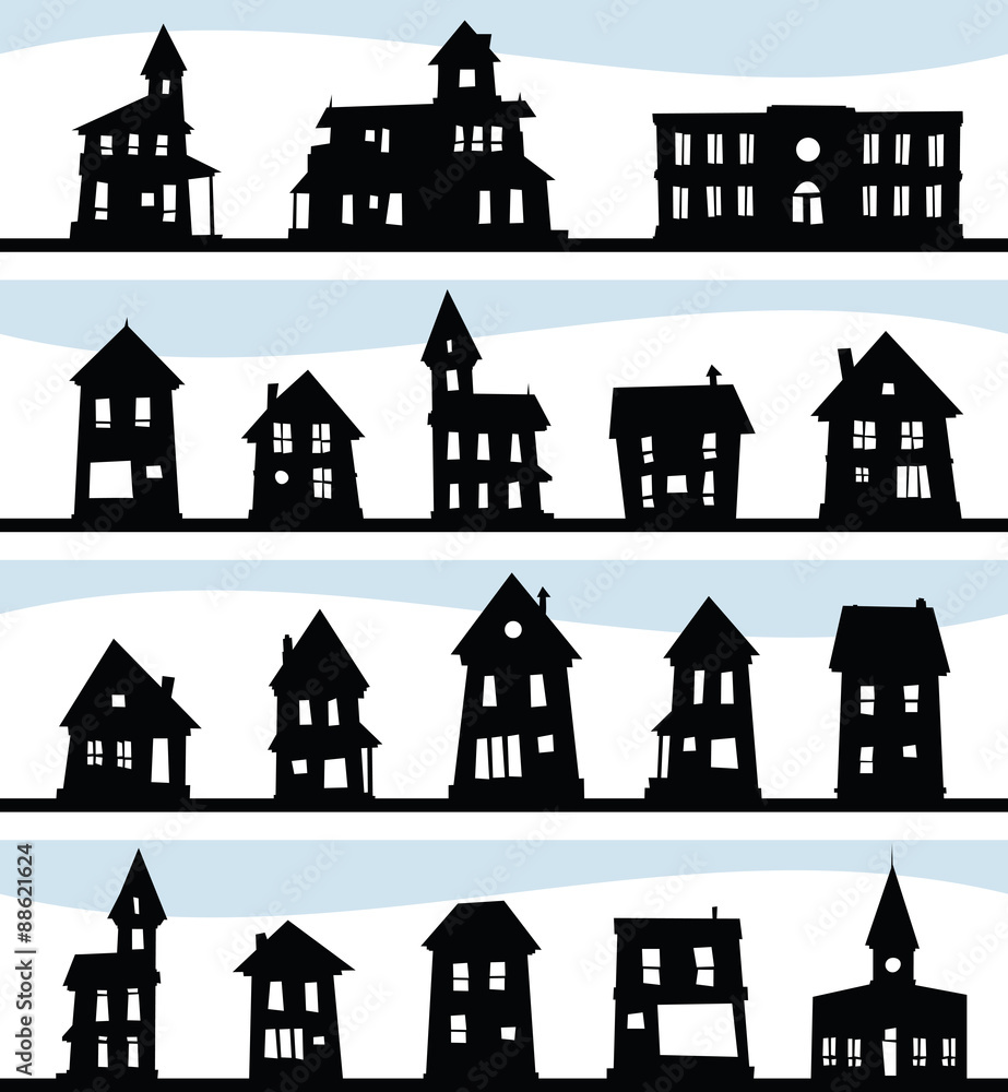 A collection of cartoon house silhouettes including old home, mansions and other retro village buildings. 